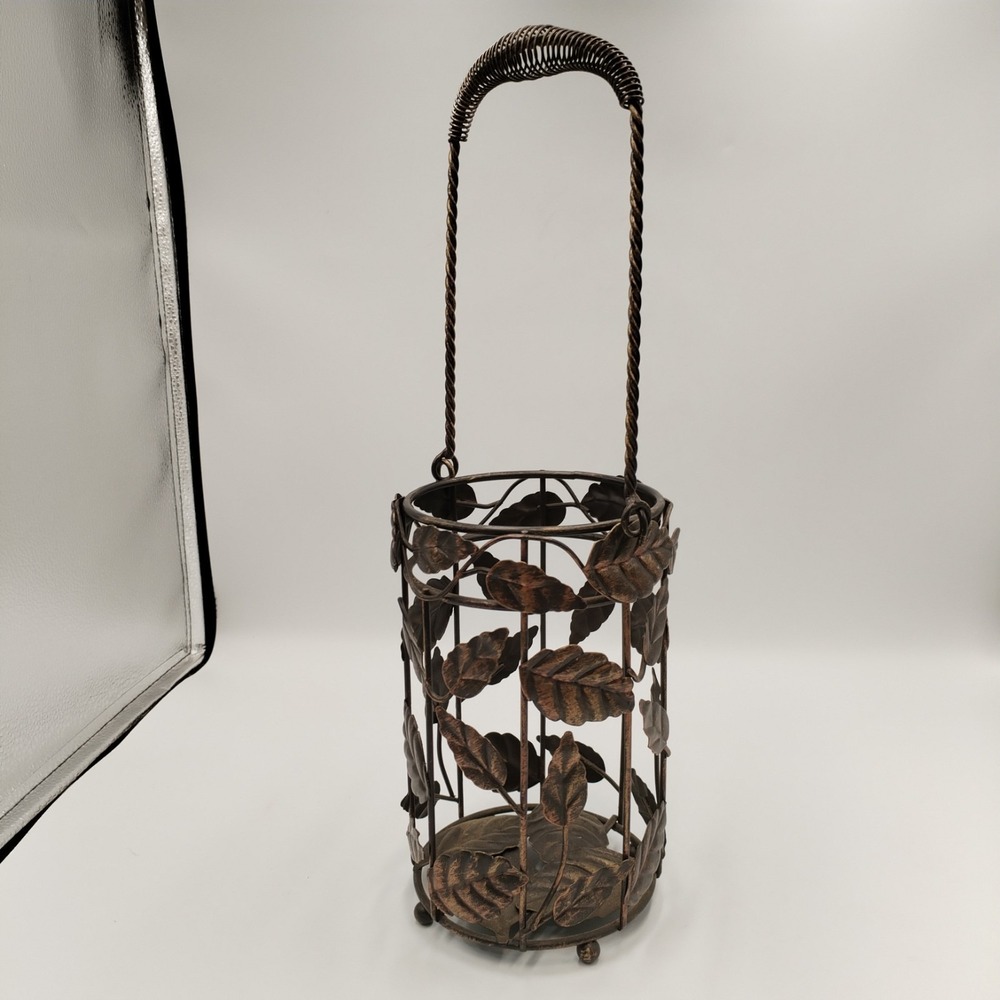 Vintage Metal Leaf Lantern Candle Holder Twisted Wire Basket Handle Bronze Tone